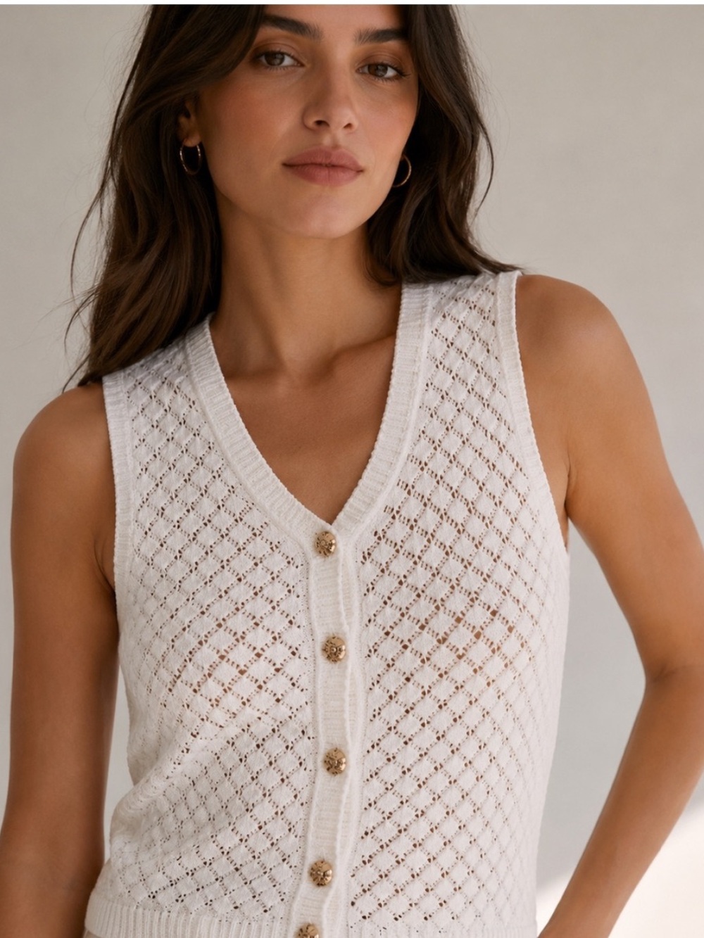 Bailey 44 White Open-Knit Sleeveless Top with Gold Buttons